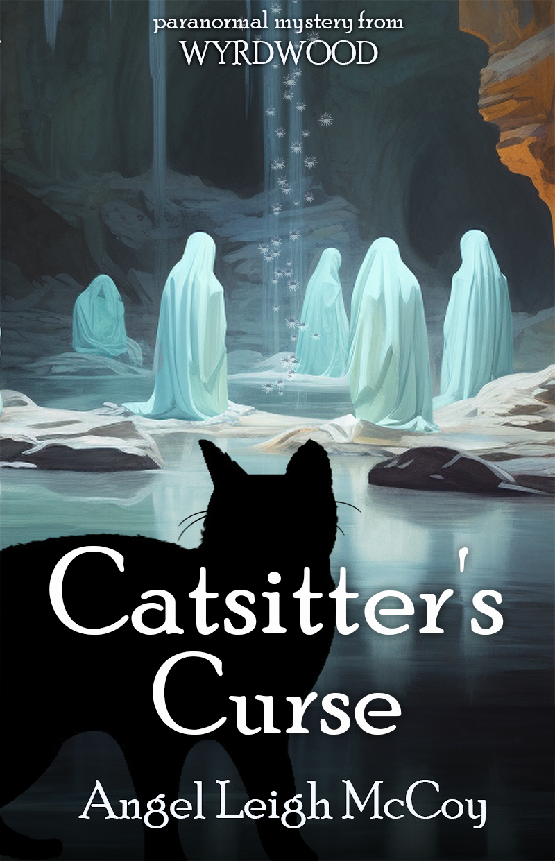 The cover for this book shows a silhouette of Muse, the king of cats in exile, against a backdrop of a cave with ethereal beings in white robes.